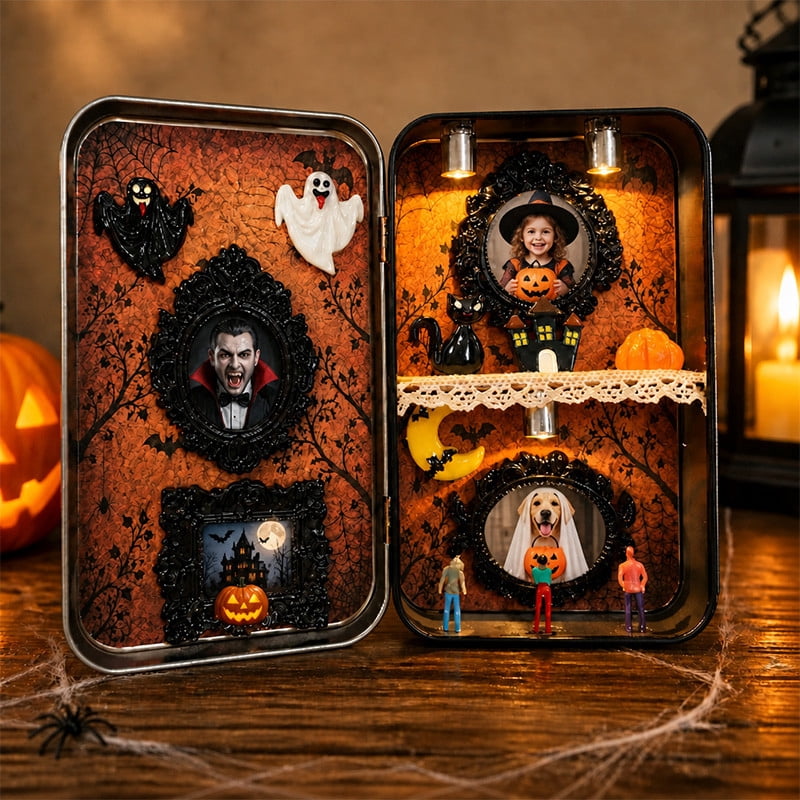Custom Photos Halloween Mini Diorama Tin Box Diy Spooky Little World Shadow Box With Led Light Ghost Vampire Pumpkin Decor Halloween Desktop Ornament Gift 2