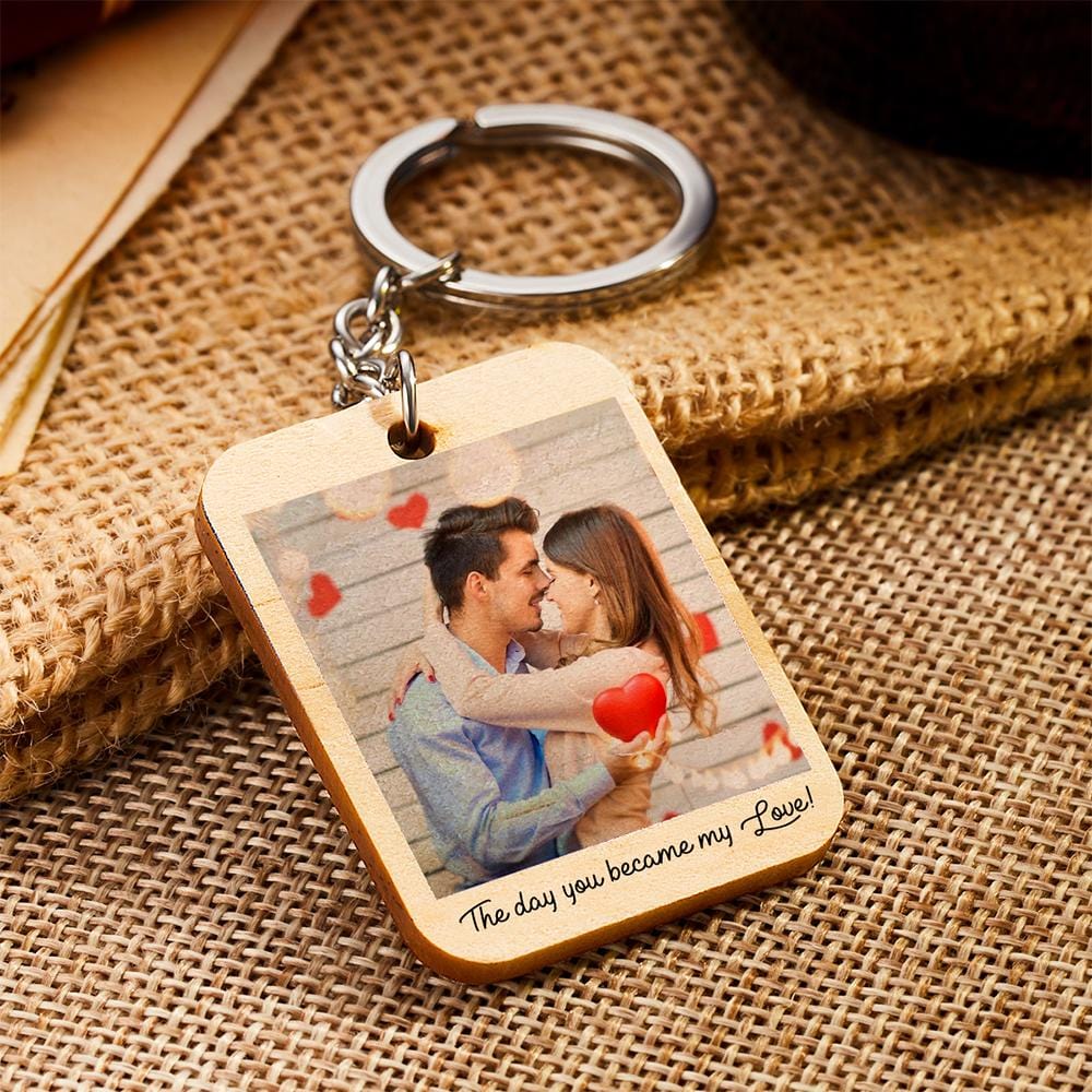 Custom Keychain, Personalized Photo and Date Wooden Key Ring Gift For Him - Image 2