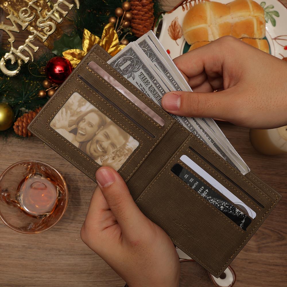 Custom Photo Engraved Short Wallet Brown Personalised Gifts - Image 2