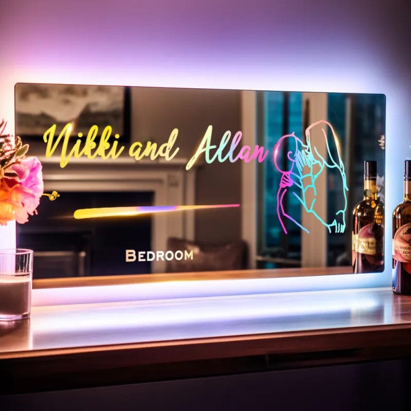 Personalized Line Photo Engraved Mirror Light Bedroom Sign Custom Mirror Neon Signs Wall Decor, Custom Name Sign for Bedroom,Christmas Valentine’s Day