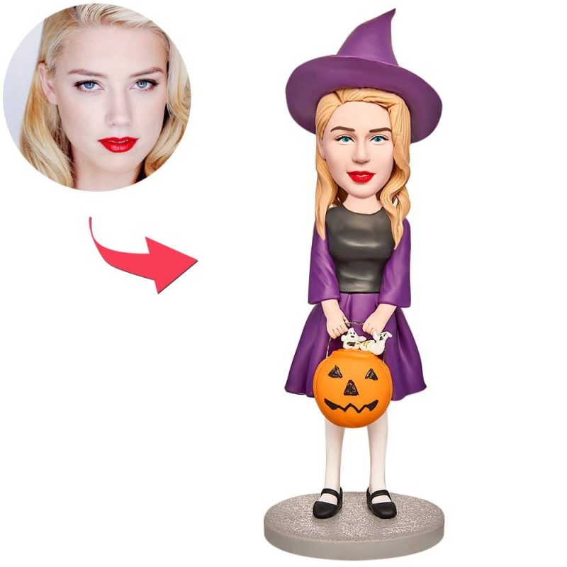 Halloween Gift Custom Bobblehead with Engraved Text – Little Witch with Jack-O-Lantern