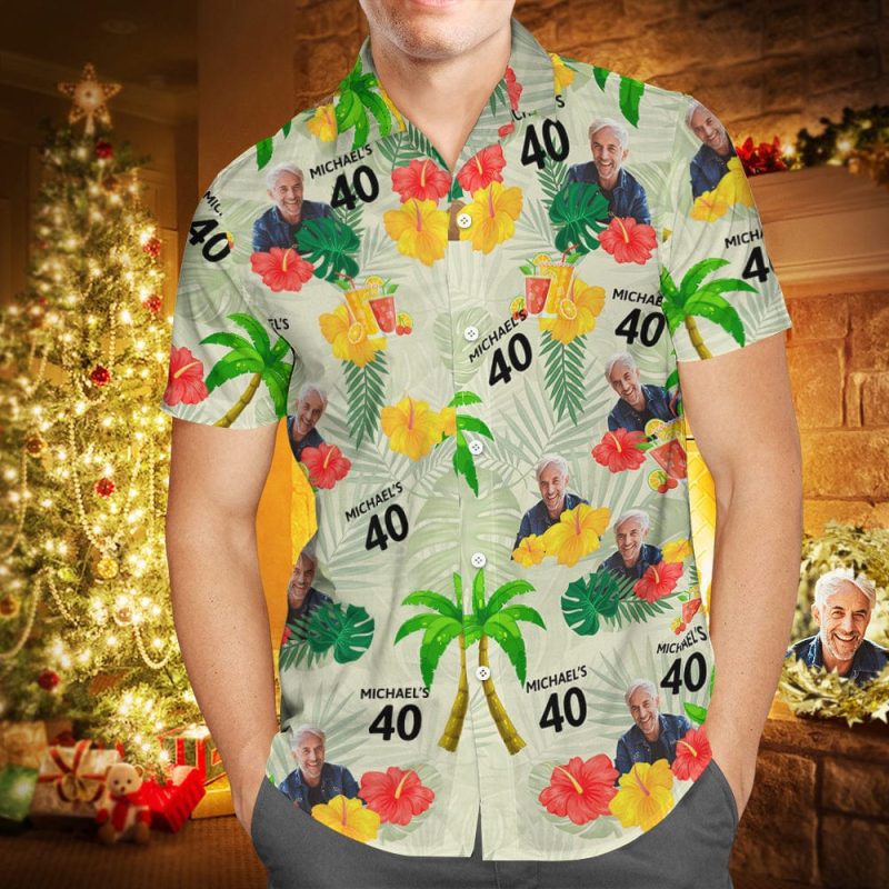 Custom Your Own Face Birthday Hawaiian Shirt Custom Date and Name Yellow  Flower and Palm Tree Shirt