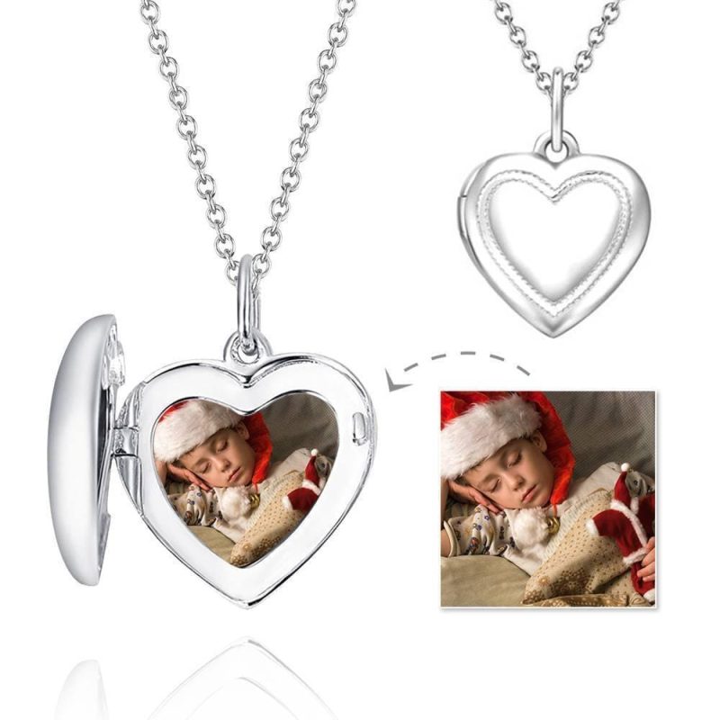 Heart Photo Locket Necklace With Engraving Name Gifts for Her Platinum Plated