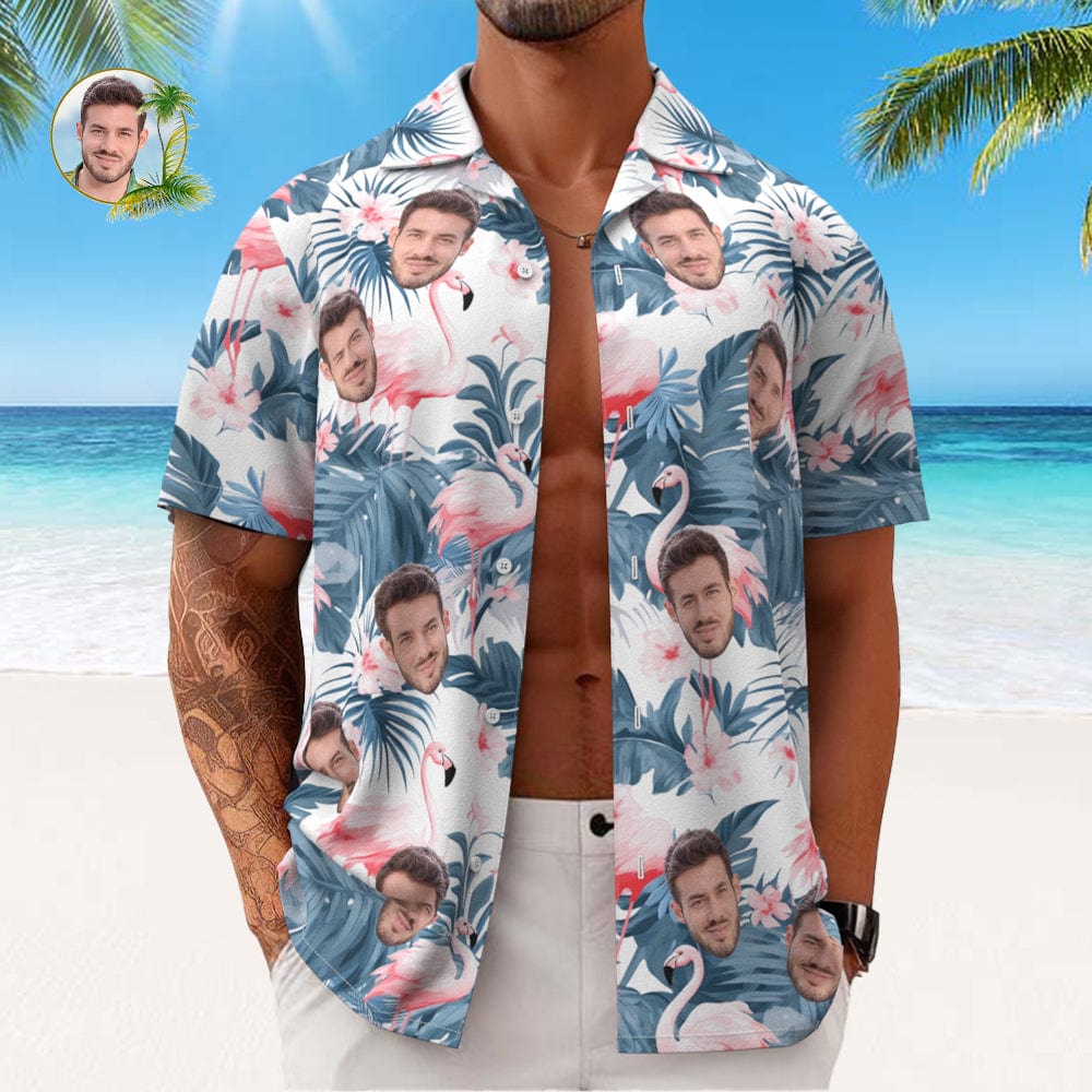 Custom Face All Over Print Men's Hawaiian Shirt Flamingo and Flowers Blue Leaves - Image 2