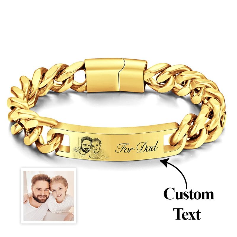 Father’s Day Gifts Custom Engraved Men’s Bracelet Stainless Steel Photo Vintage Bracelet Jewelry-Gold