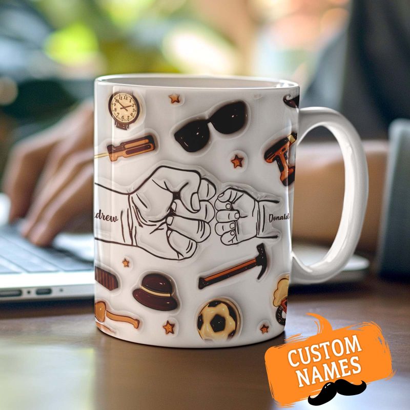 Father’s Day Gifts Personalized 1-6 Kids Names Custom 3D Inflated Effect Printed Fist Bump Mug for Papa or Grandpa