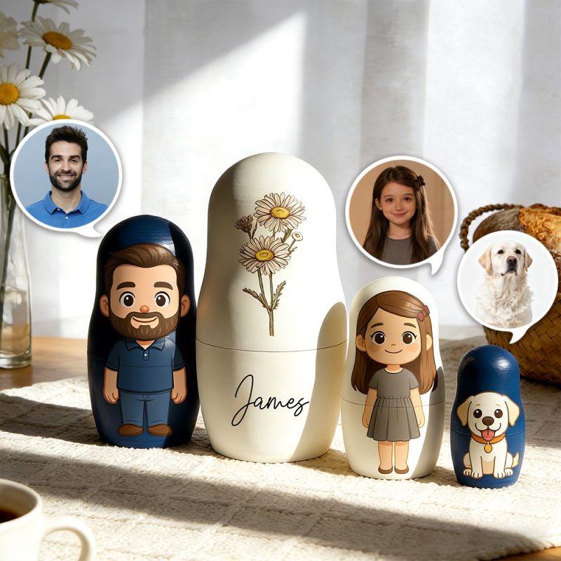 Personalized Birth Flower Portrait Nesting Doll Custom Name Portrait Cartoon Style Gift Birthday Gift