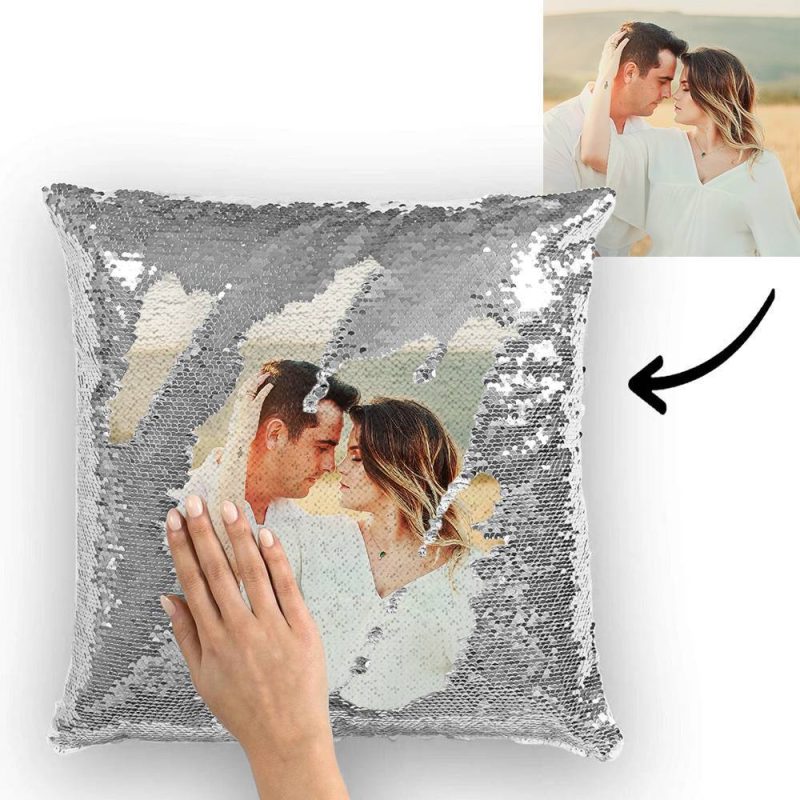 Silver Sequin Pillow with Photo Anniversary Gift 15.75”*15.75”10 Colors Valentines Day Gifts