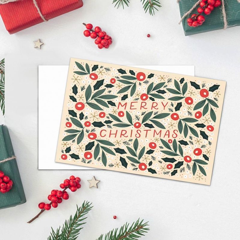 Merry Christmas Card Holiday Card Botanic -Horizontal Card