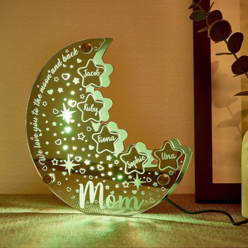 Personalized Name Moon Mirror Light Custom Family Member Name Mirror Light Gift for Mom