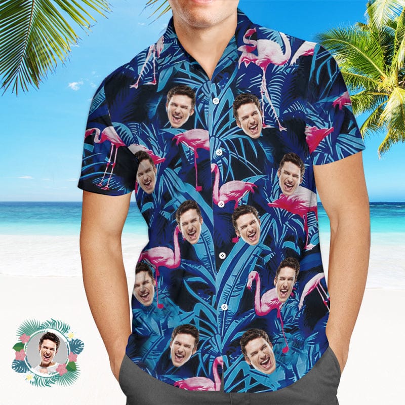 Custom Blue Leaf Flamingo Personalized Face Hawaiian Shirt Photo Hawaiian Shirt
