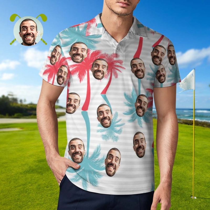 Men’s Custom Face Polo Shirt Striped Style Personalized Hawaiian Golf Shirts