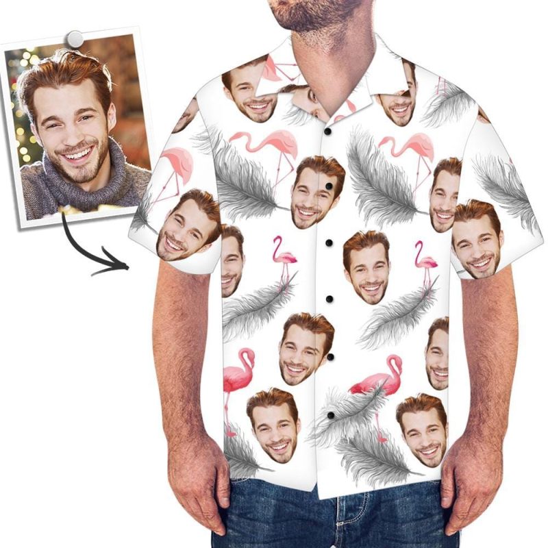 Face Hawaiian Shirt Anniversary Gift- Flamingo & Leaves