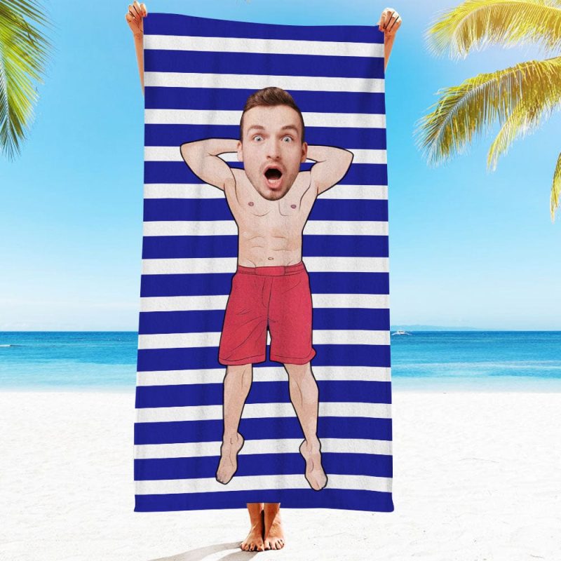 Custom Face Beach Towel Personalized Man in Red Shorts Beach Towel Funny Gift for Summer