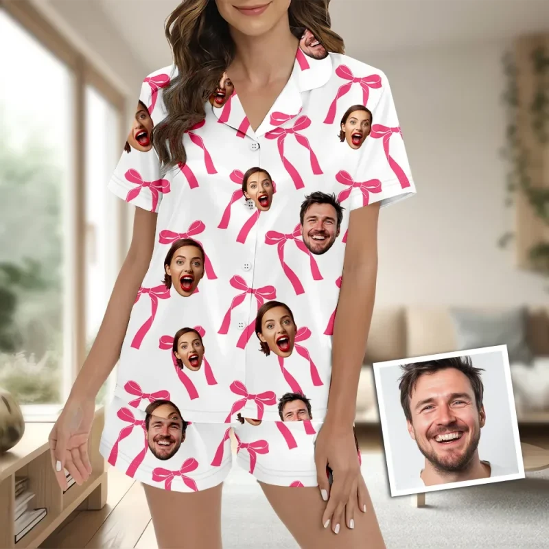 Custom Face Short Sleeve Pajamas Custom Bow Couple Gift Photo Pajamas Suit