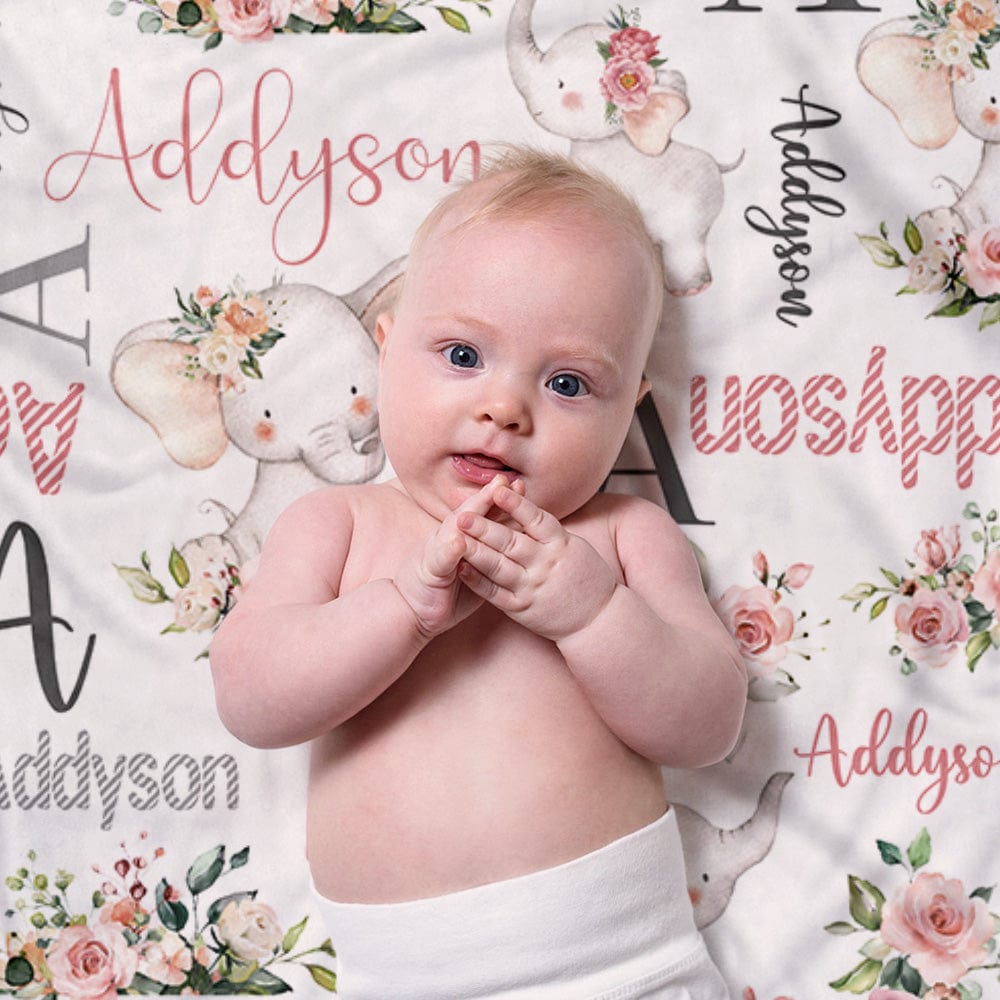 Custom Floral Cute Elephant Blanket with Name Christmas Birthday Baby Shower Gift for Baby Kid Family - Image 2