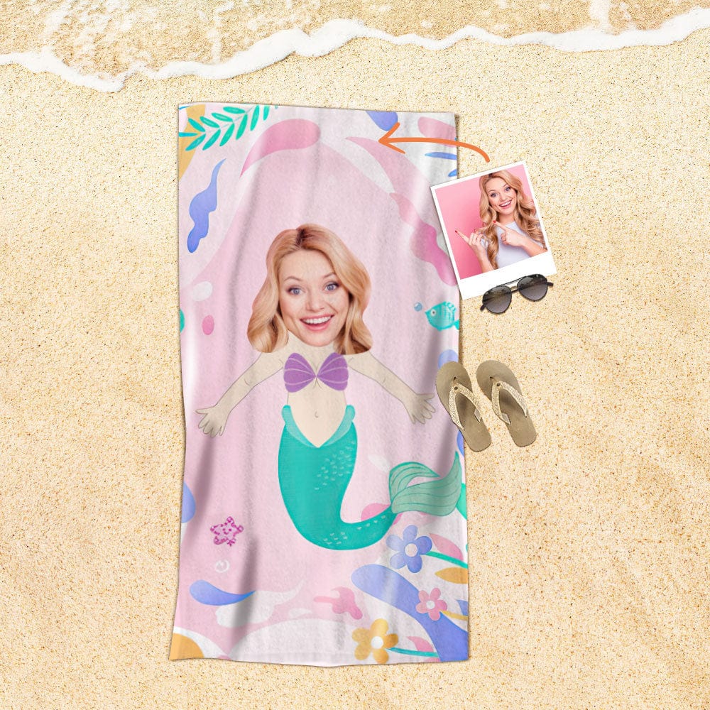 Custom Face Beach Towel Personalized Pretty Mermaid Style Beach Towel Funny Gift for Summer - Image 2