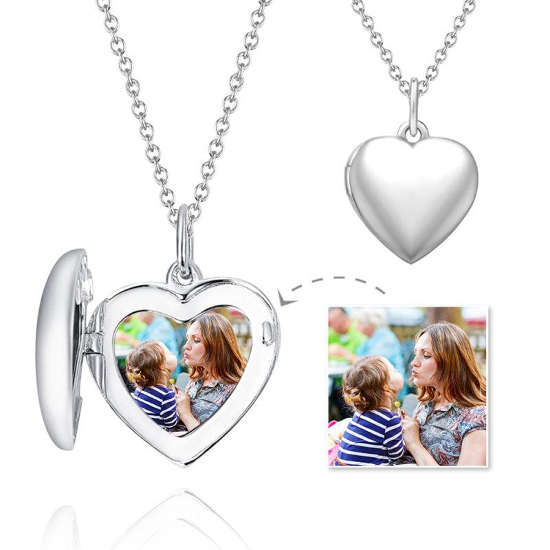 Heart Photo Locket Necklace With Name Embossed Platinum Plated