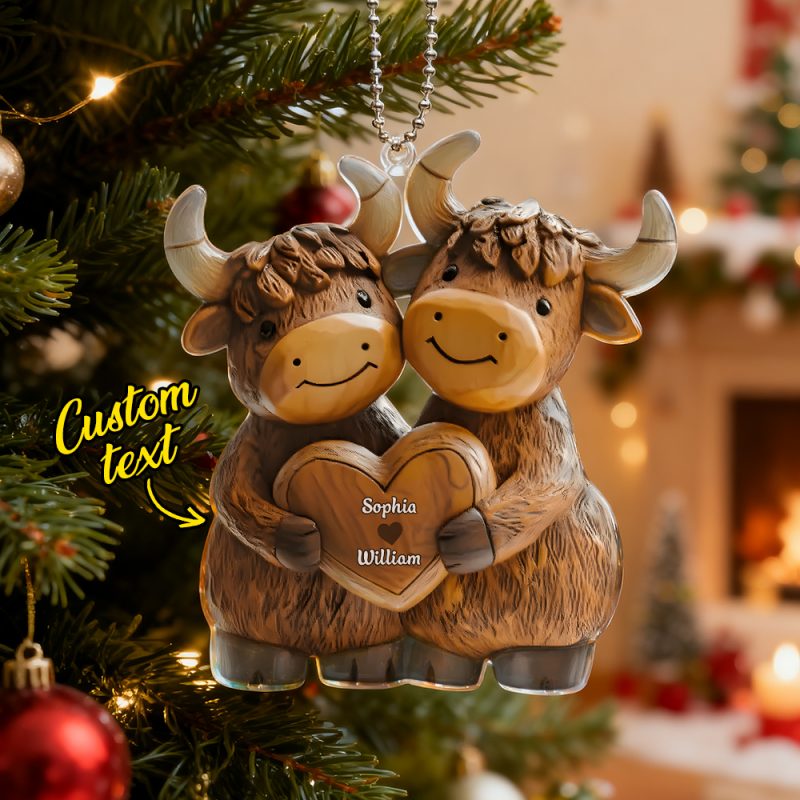 Highland Cowl Couple – Personalized Christmas Acrylic Ornament