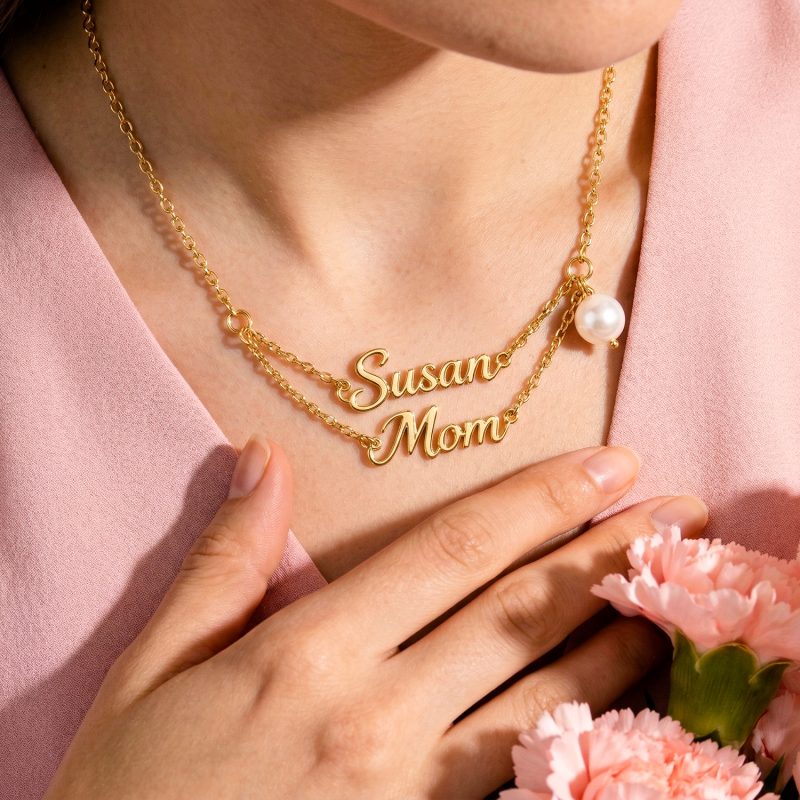 Personalized Double Name Necklace – Stainless Steel with Pearl Charm, Birthday Gift for Mother