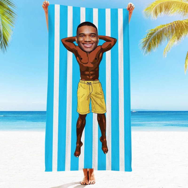Custom Face Beach Towel Personalized Muscle Guy in Yellow Shorts Beach Towel Funny Gift for Summer