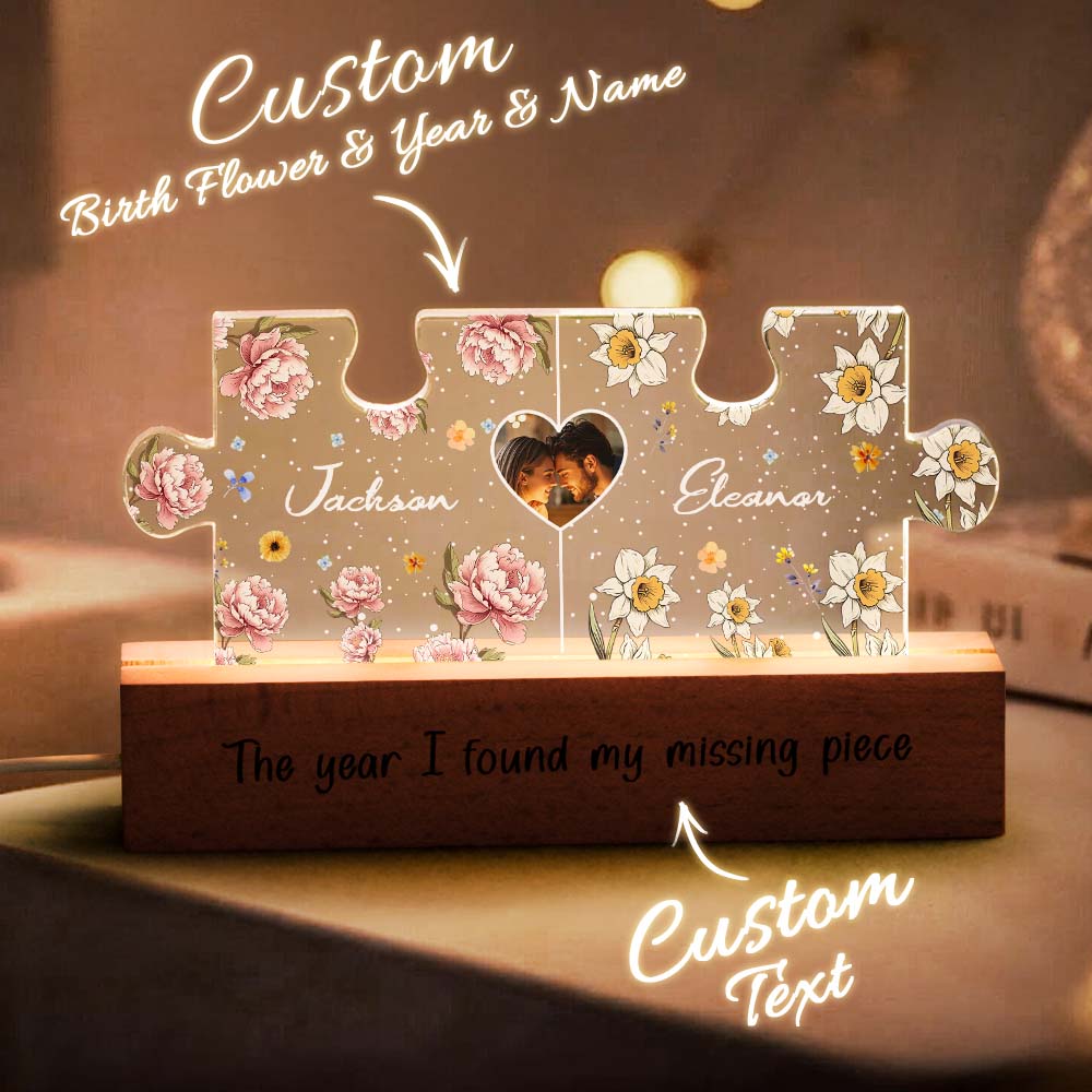 Personalized Couple Puzzle LED Night Light with Birth Flower Photo Night Light Gifts for Her - Image 5