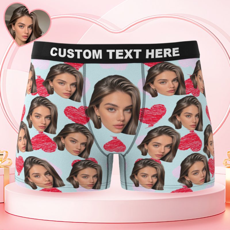 Valentine’s Day Gifts Custom Big Face Boxer Shorts Colorful Waistband Light Blue Boxer Briefs Red and Pink Hearts Gifts For HimUS
