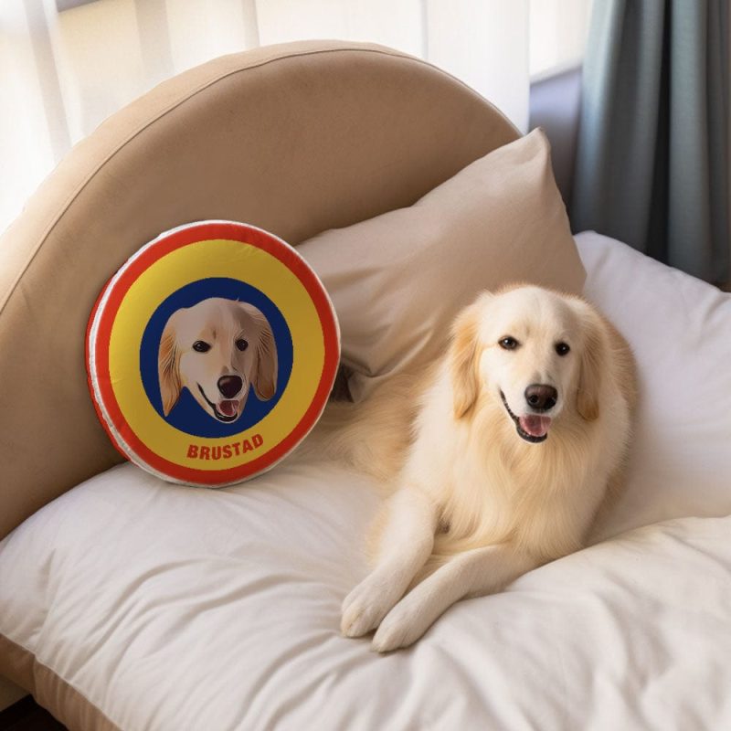 Custom Round Shape Pillow Personalized Pet Photo with Name Gift for Pet Lover – Yellow & Blue