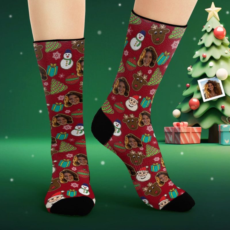 Custom Face Socks Personalized Photo Socks Christmas Cute Snowman and Elk