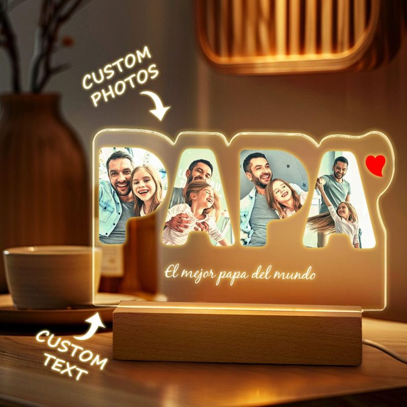 Custom Photo PAPA Night Lamp Personalized Acrylic LED Night Light with Text Father’s Day Gifts For Him