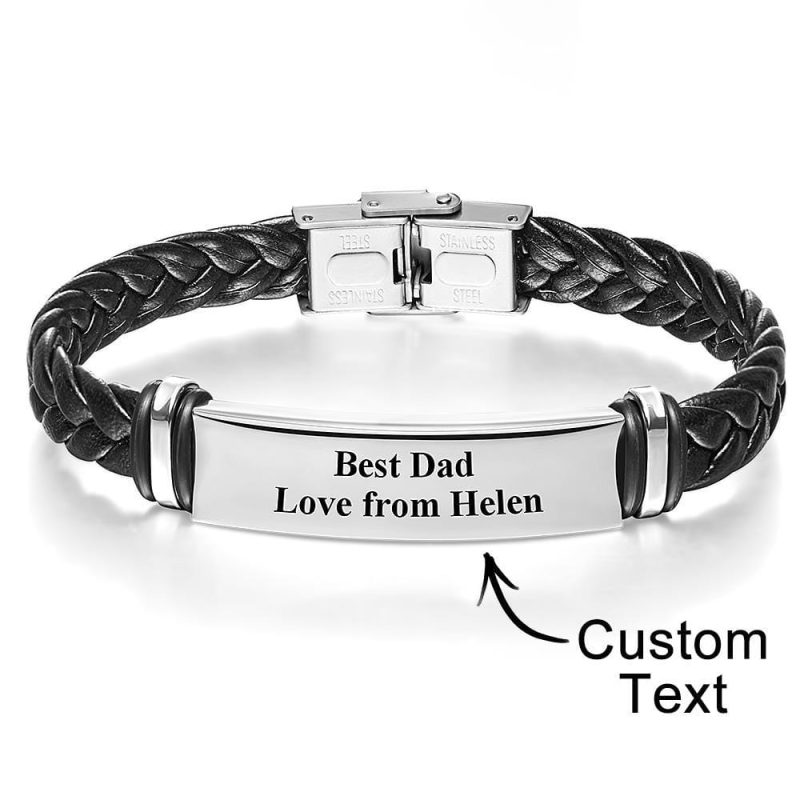 Custom Engraved Leather Bracelet Best Dad Men’s Bracelet Commemorative Gift