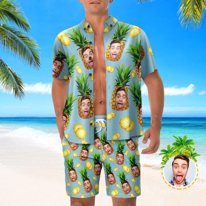Custom Face Hawaiian Shirt And Beach Shorts Set Personalize Vacation Party Gifts for Men Pineapple