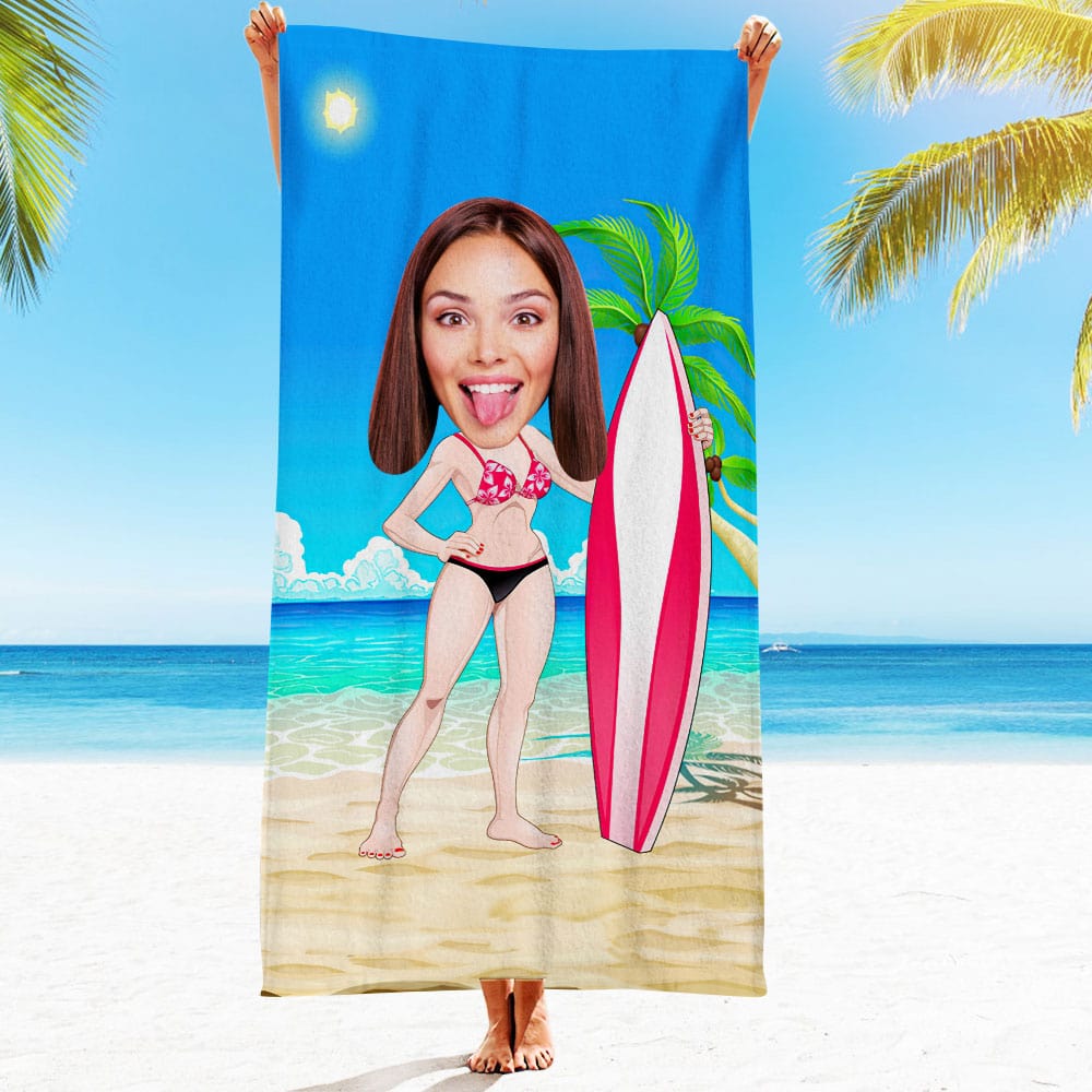 Custom Face Beach Towel Personalized Surf Girl Style Beach Towel Funny Gift for Summer - Image 5