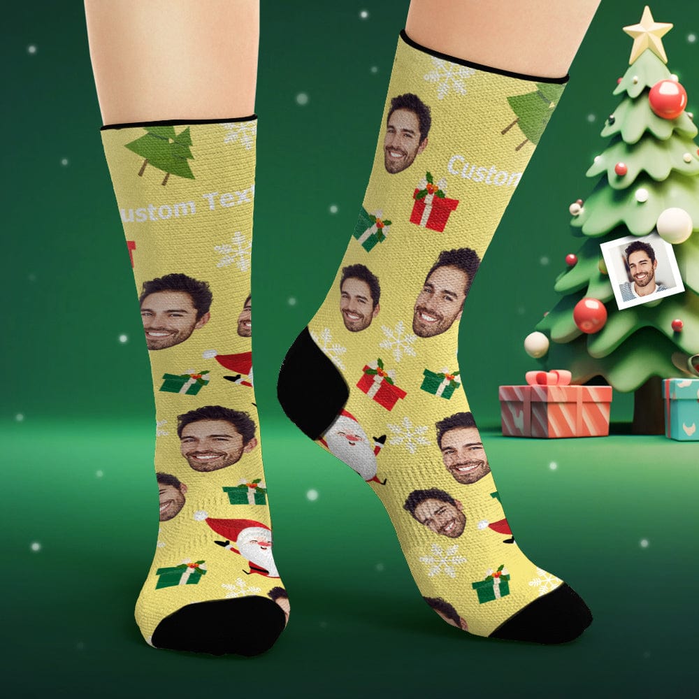 Custom Face Socks Personalized Photo Yellow Socks Cute Santa Claus - Image 2