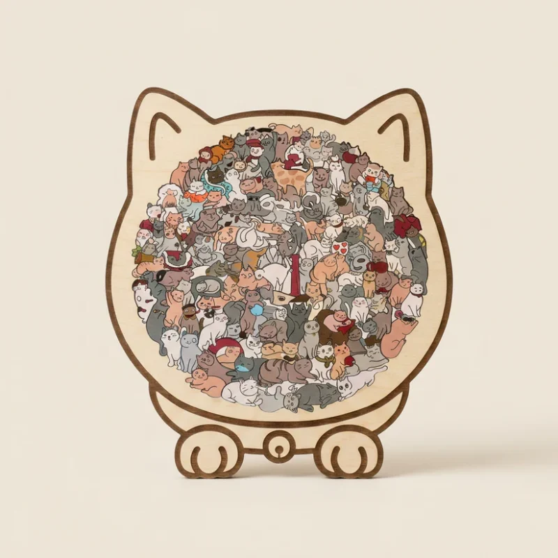 A Thousand Cats Puzzle 135-Piece Morandi-Colored Cat Shaped Wooden Jigsaw Puzzle