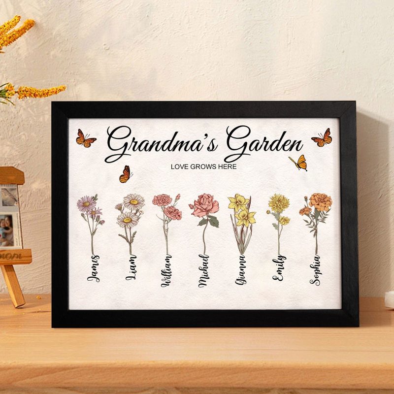 Custom Grandma’s Garden Vintage Wooden Photo Frame Personalized Birth Flower Photo Frame Mother’s Day Gift