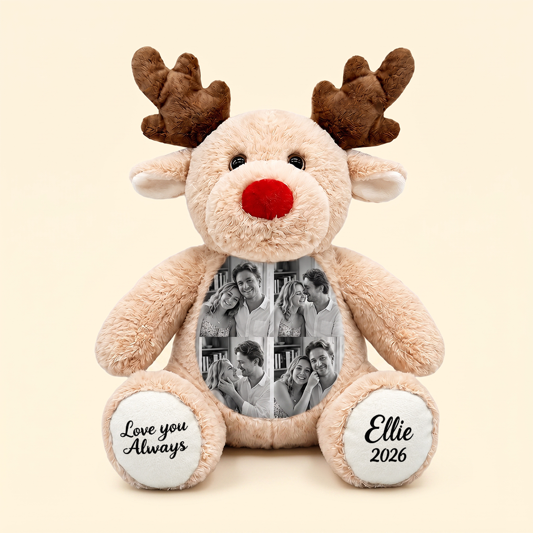 Custom Photo Christmas Reindeer Plush Personalized Stuffed Animal With Name Date Custom Picture Collage Reindeer Toy Couple Gift For Christmas 3