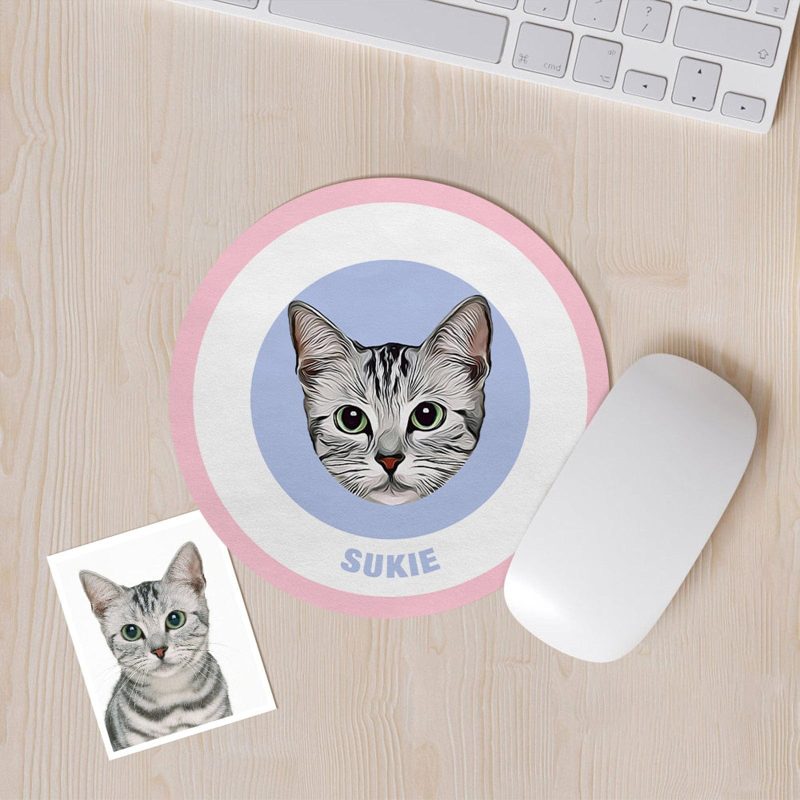 Custom Round Mouse Pad Personalized Pet Face with Name Gift for Pet Lover – Pink & Blue