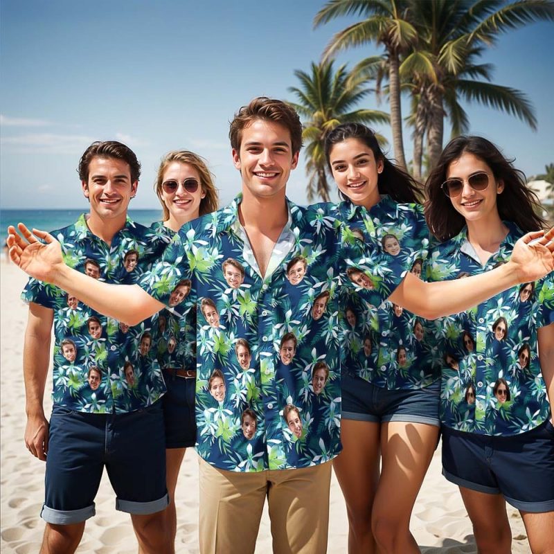 Custom Logo Hawaiian Shirt And Beach Shorts Set Personalized Men’s Face Tropical Leaves Set Vacation Party Gift for Company