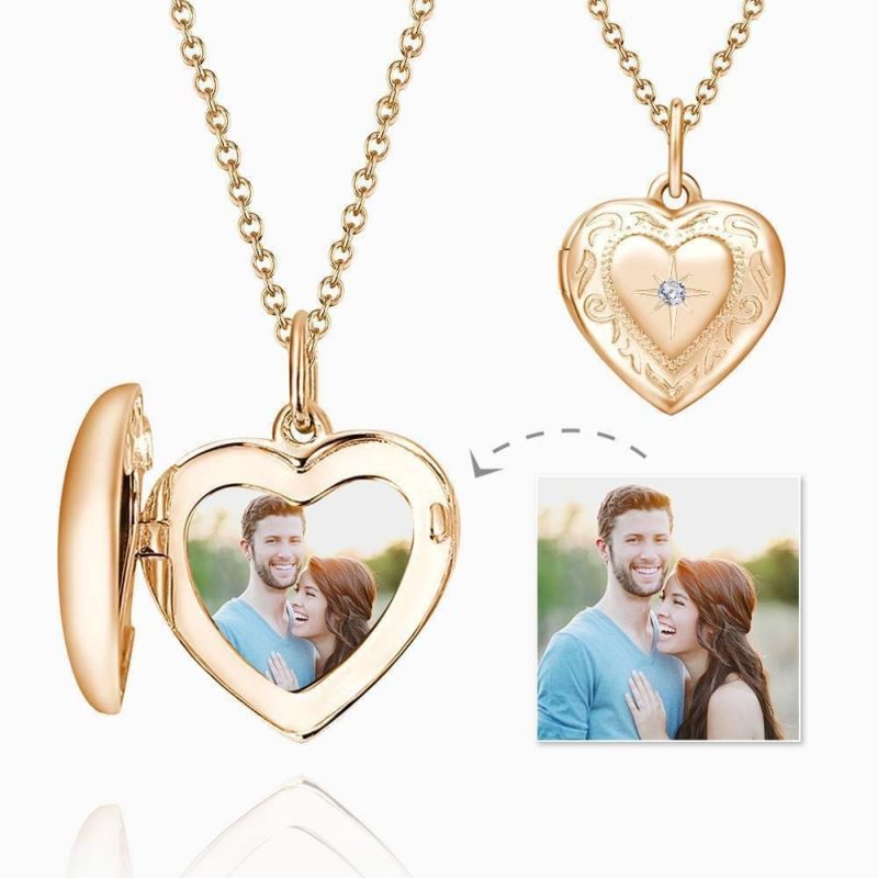 Custom Heart Locket Photo Necklace Embossed Printing Rose Gold Plated