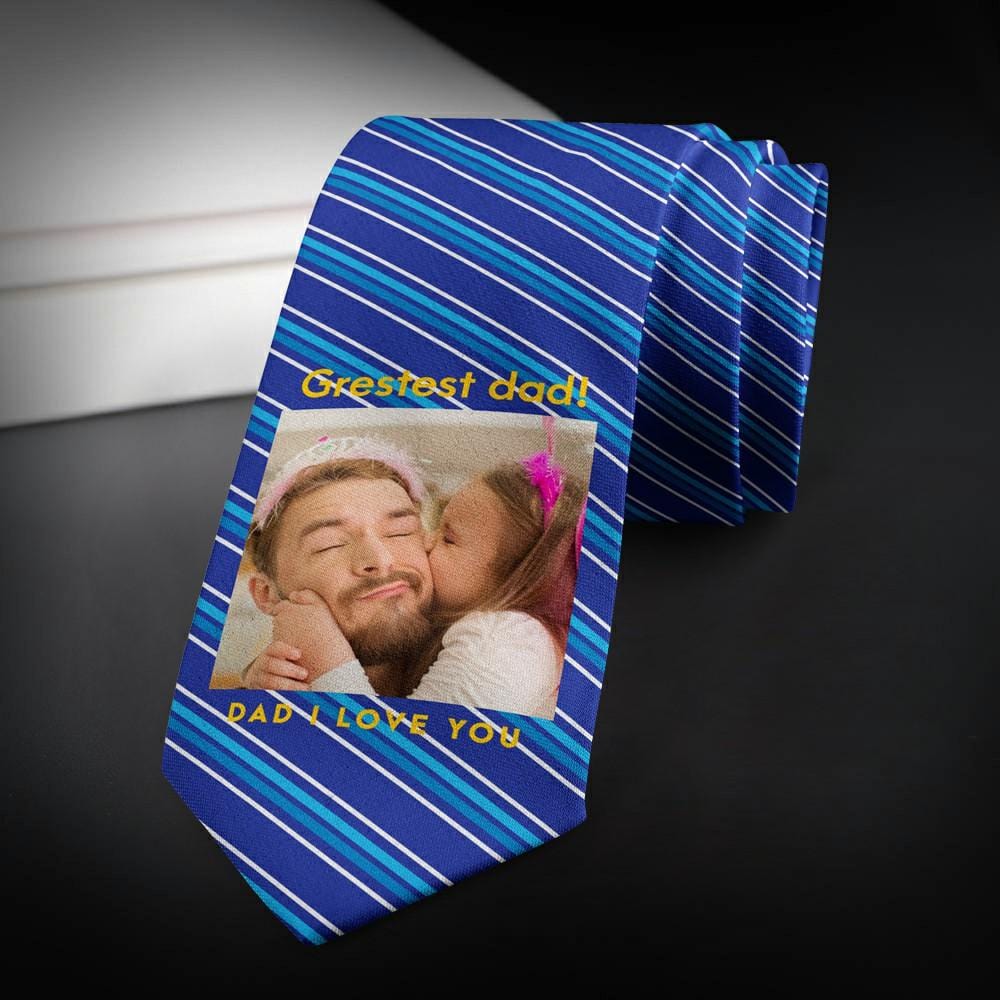 Father's Day Ties Father-in-law Gift Picture Tie with Blue Stripes - "I Love You Dad" - Image 2