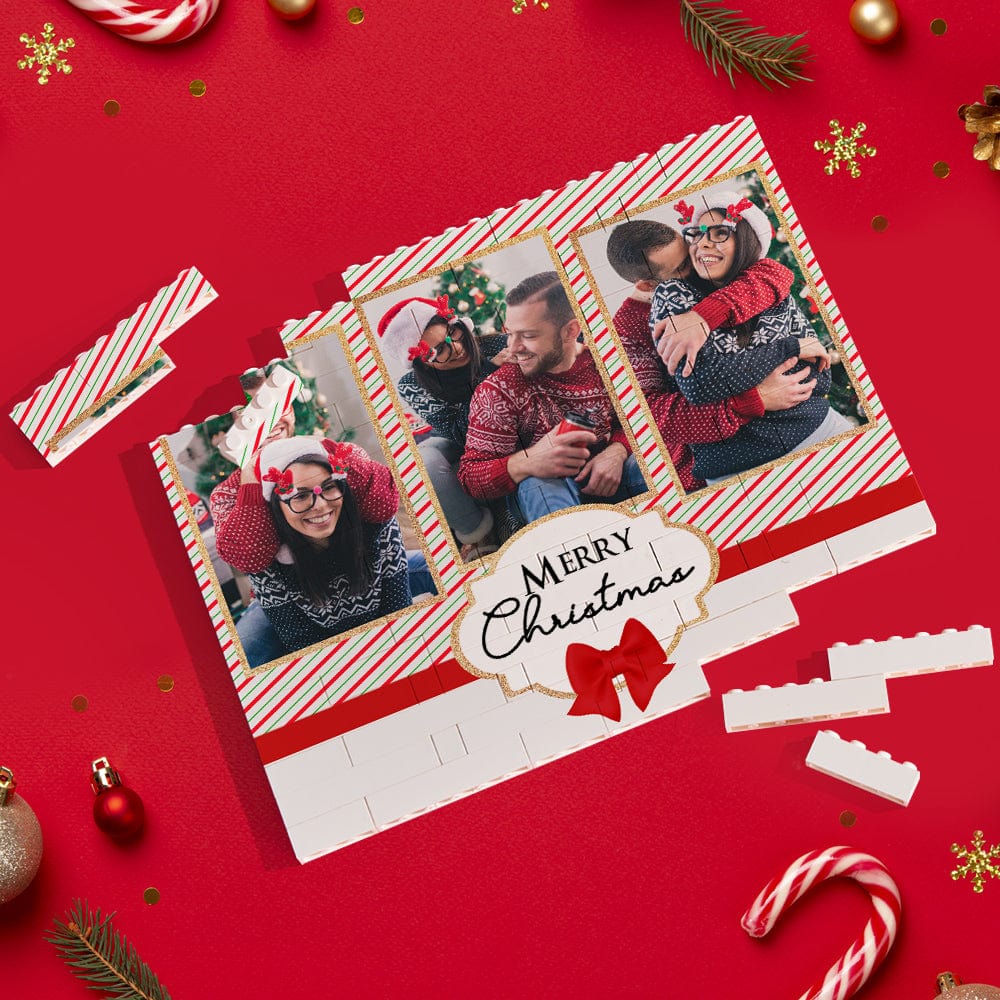 Custom Building Block Puzzle Personalized Horizontal Trio Couple Photo Brick Merry Christmas - Image 2