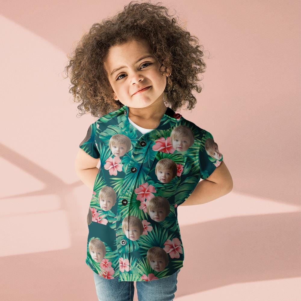 Custom Face Hawaiian Shirt Kid's All Over Print Red Flowers Short Sleeve Shirt - Image 2