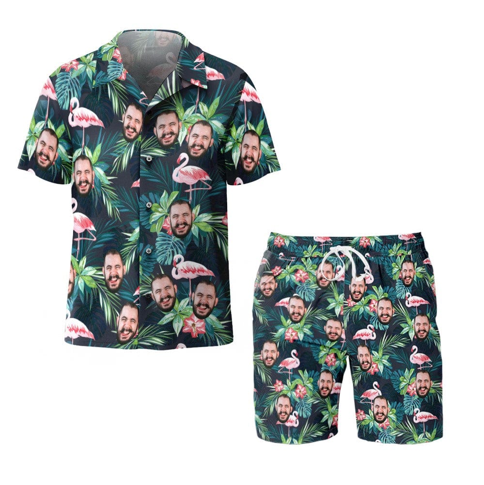 Custom Face Hawaiian Shirt And Beach Shorts Set Personalized Men's Photo Flamingo Flower Set Vacation Party Gift - Image 2