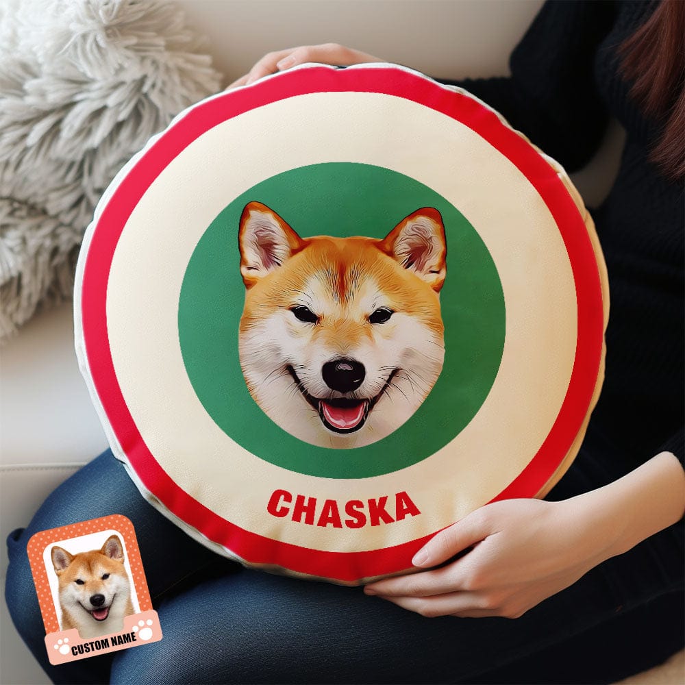 Custom Round Shape Pillow Personalized Pet Photo with Name Gift for Pet Lover - Red & Green - Image 2