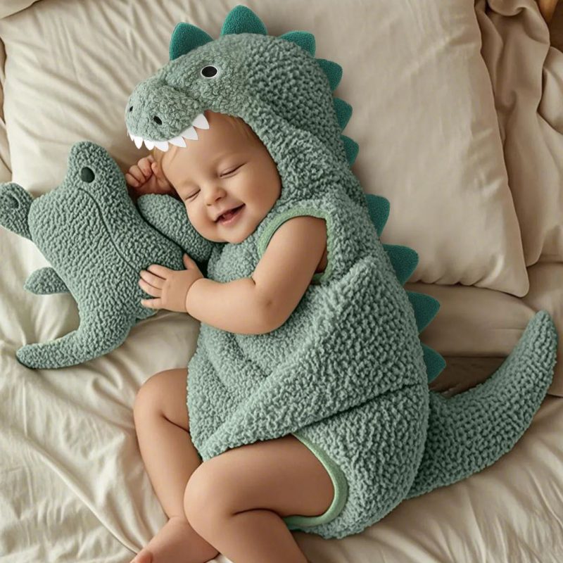 Custom Name Dinosaur Hooded Baby Romper, Fuzzy Sleeveless Costume Bodysuit for Infants