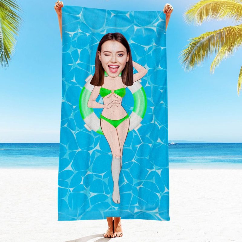 Custom Face Beach Towel Personalized Green Bikini Girl Beach Towel Funny Gift for Summer