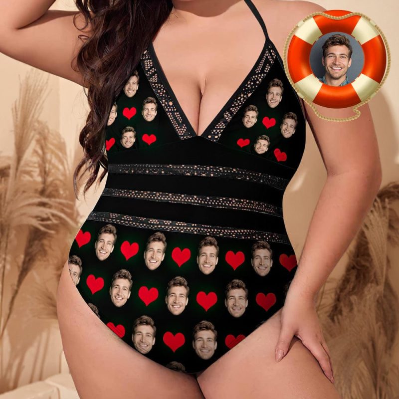 Personalised Plus Size Swimwear Gifts for Girlfriend With Face and Hearts