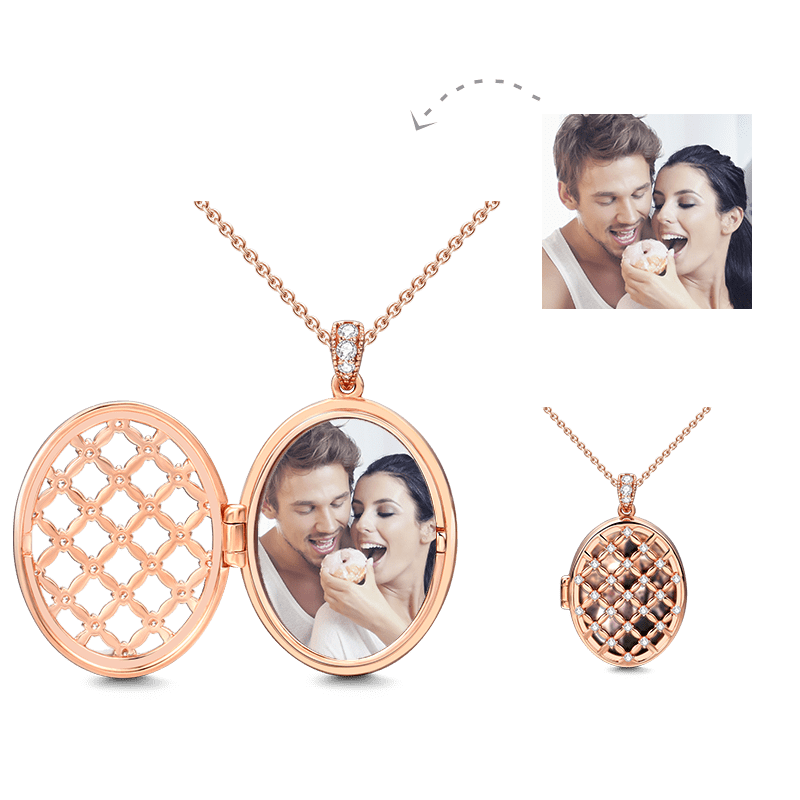 Photo Locket with Chain Personalized Gifts for Her Rose Gold Oval
