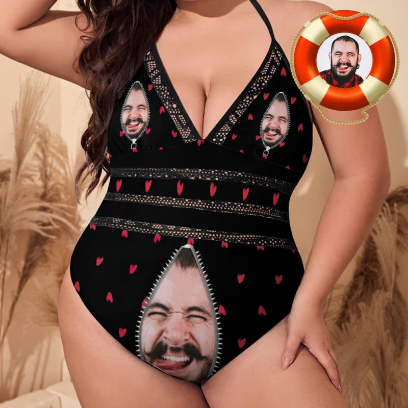 Plus Size Black Swimsuits With Face Zipper Gifts for Her